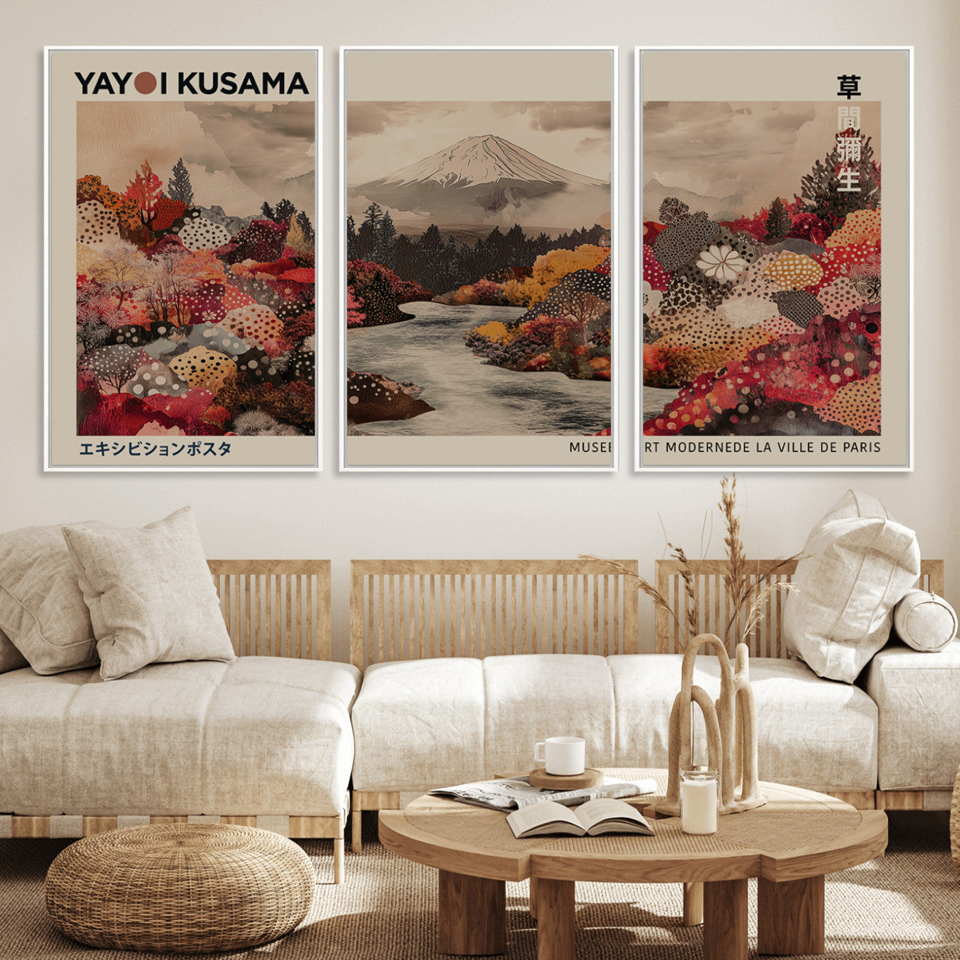 MGV-FC-60X30-3P - Modern Japanese Wall Art Print Yayoi Kusama Canvas Wall Art Abstract Mount Fuji Canvas Print