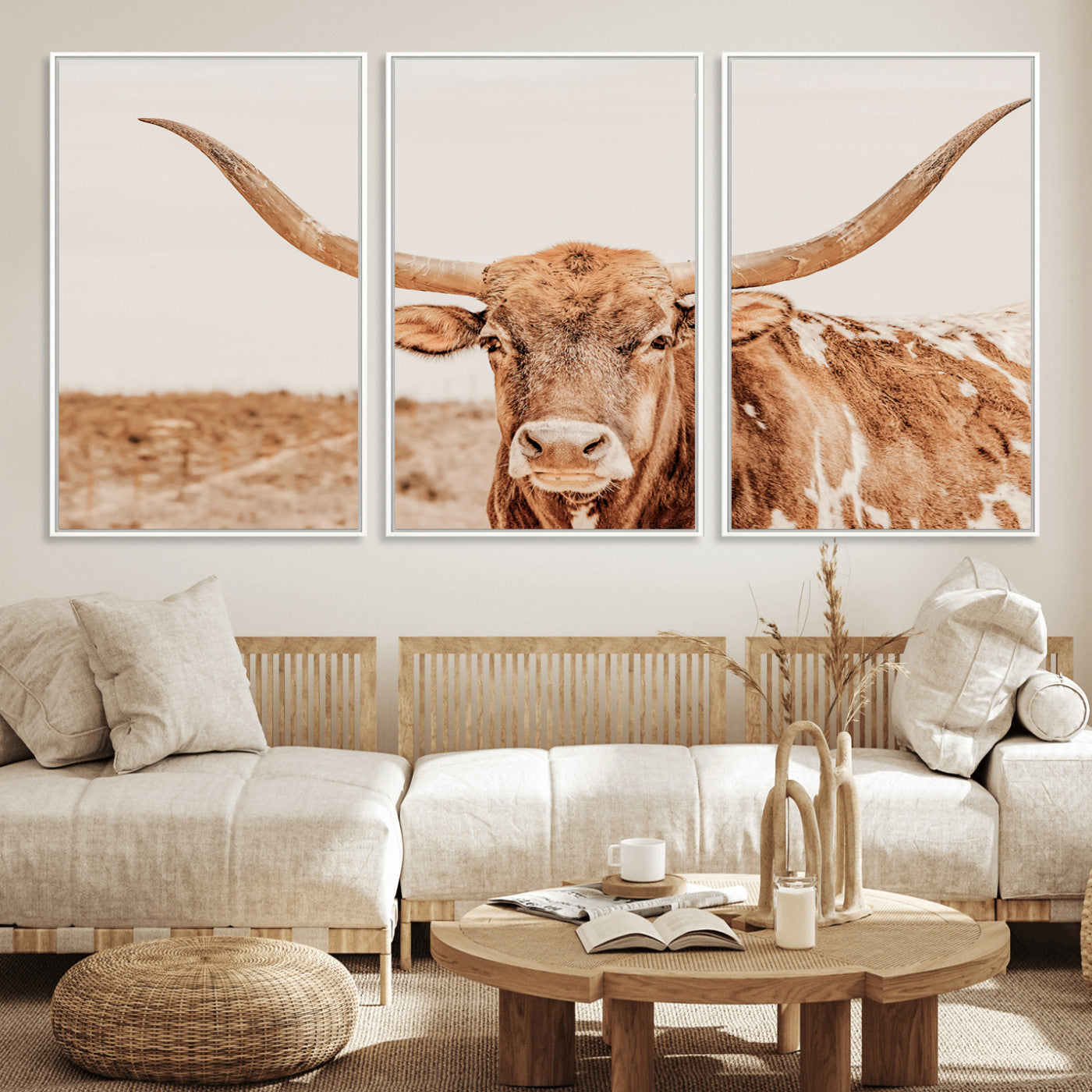 MGV-FC-60X30-3P - Longhorn Bull Wall Art Canvas Print, Framed Western Cow Art Picture Print, Rustic Farmhouse Perfect Neutral Farmhouse Decor Artwork