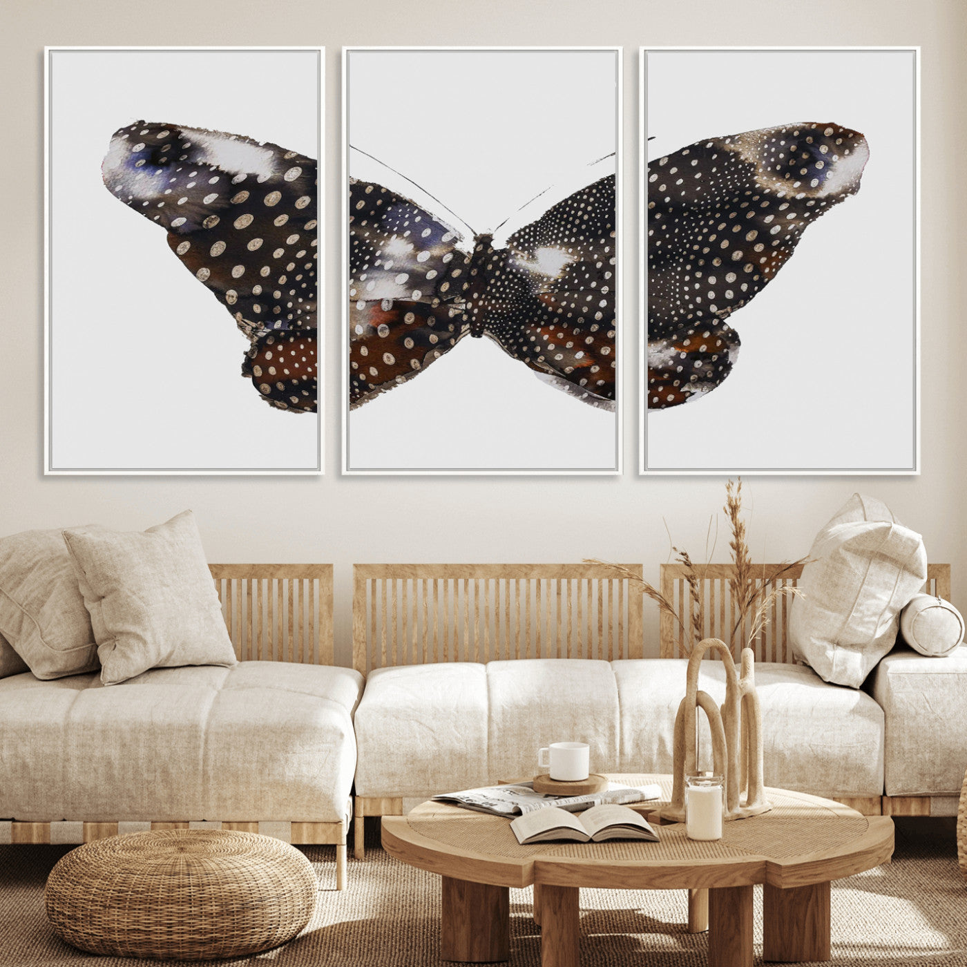 MGV-FC-60X30-3P - Spotted Butterfly Wall Art Canvas Print, Framed Neutral Insect Theme Art Picture Print, Earthy Wing Pattern Perfect Modern Rustic Decor Artwork