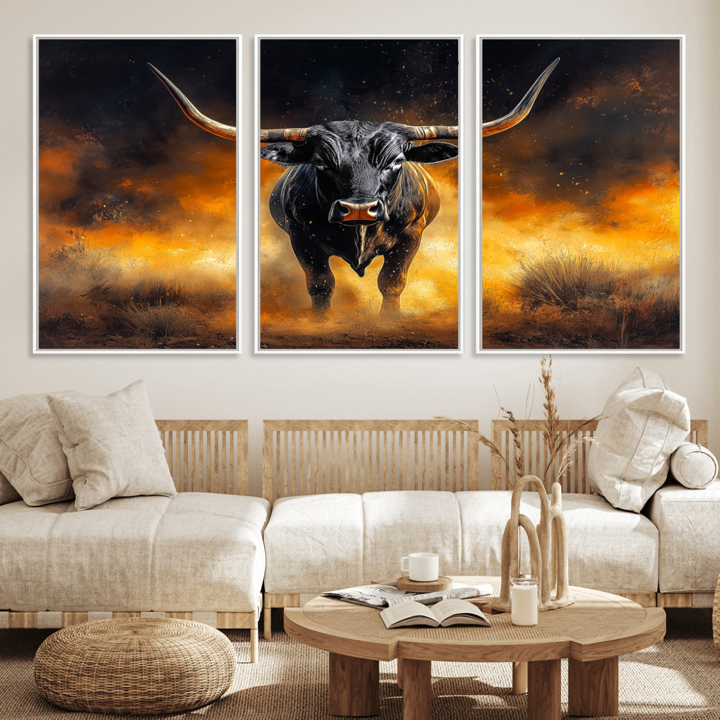 MGV-FC-60X30-3P - Longhorn Canvas Wall Art Canvas Print, Framed Bold Bull Wall Art Art Picture Print, Western Animal Decor Perfect Western Dramatic Decor Artwork