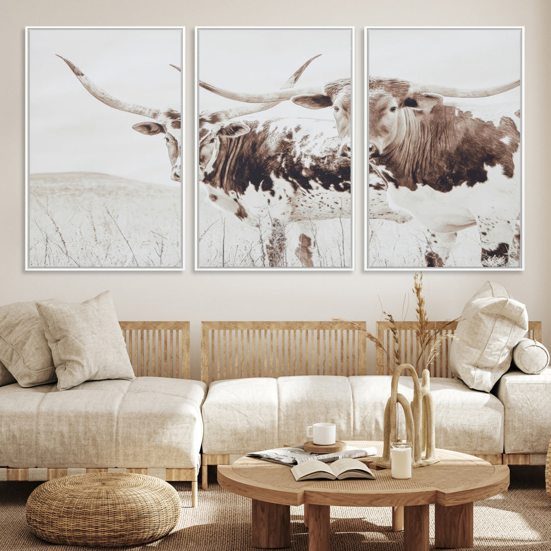 Longhorn Wall Art Wall Art Canvas Print, Western Cow Canvas Print, Framed Rustic Farm Decor Art Print, Large Neutral Animal Scene Printing