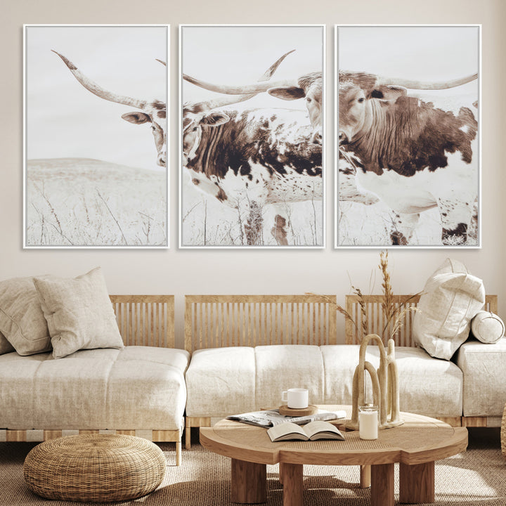 Longhorn Wall Art Wall Art Canvas Print, Western Cow Canvas Print, Framed Rustic Farm Decor Art Print, Large Neutral Animal Scene Printing