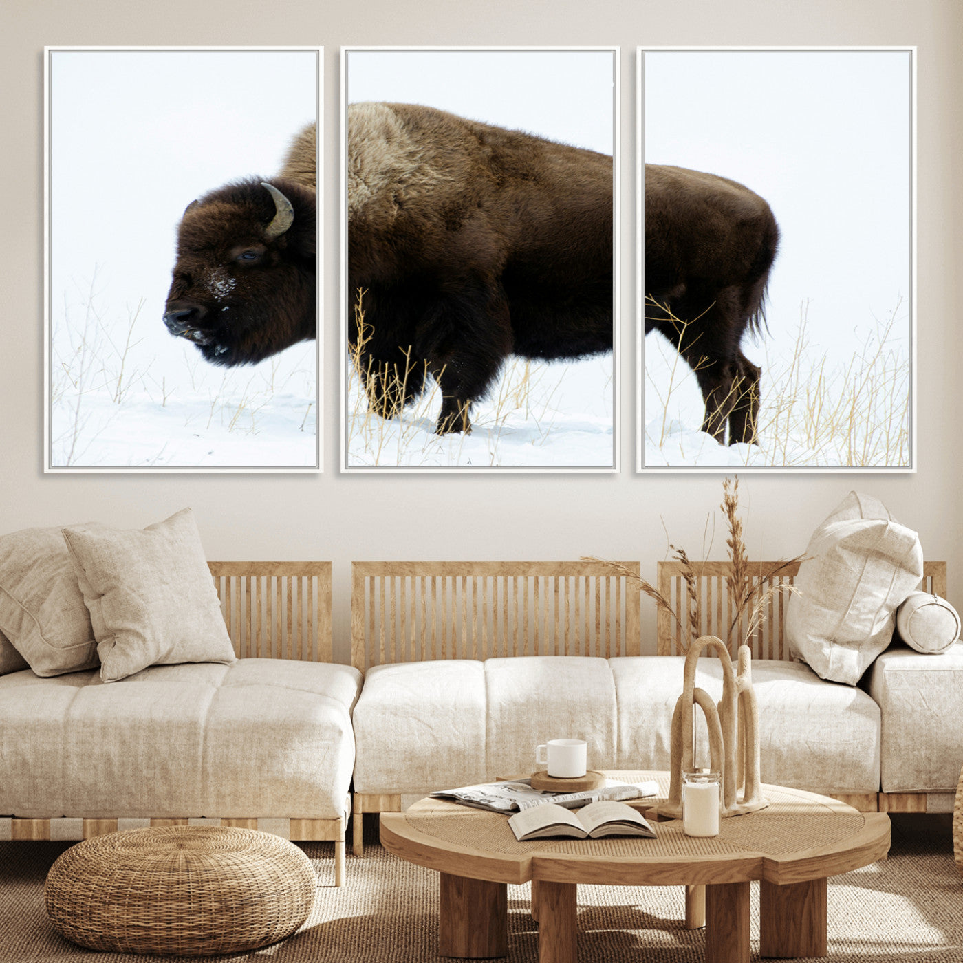 MGV-FC-60X30-3P - Bison Photography Wall Art Canvas Print, Framed Western Wildlife Art Picture Print, Buffalo On Snow Perfect Western Decor Artwork