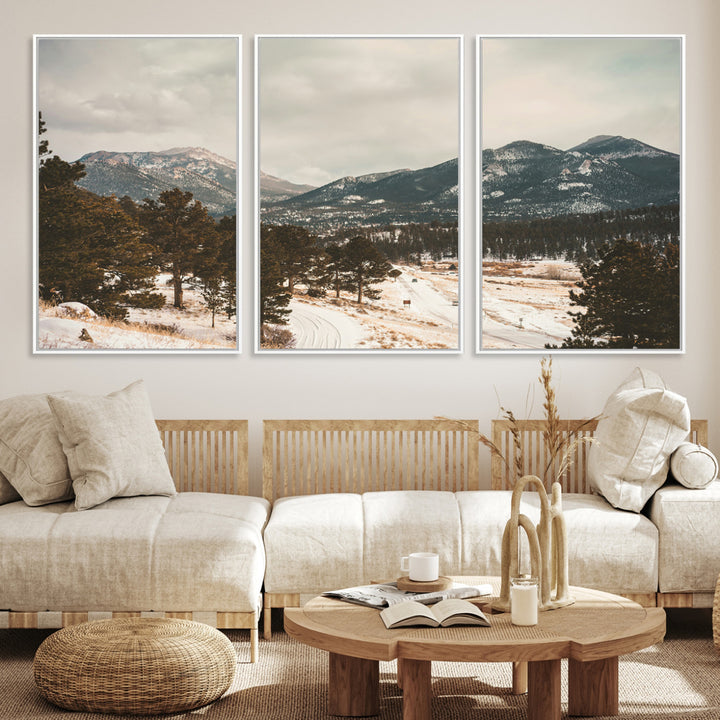 Mountain Landscape Wall Art Canvas Print, Framed Snowy Peaks Art Picture Print, Alpine Aesthetic Perfect Rustic Winter Decor Artwork
