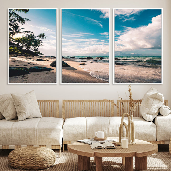 Tropical Beach Wall Art Canvas Print, Framed Ocean Waves Art Picture Print, Relaxing Seascape Perfect Tropical Coastal Decor Artwork
