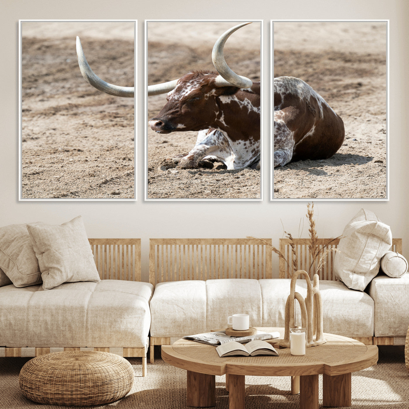76549210-MGV-FC-60X30-3P_White-Texas Longhorn Wall Art Canvas Print, Framed Country Living Art Picture Print, Farmhouse Perfect