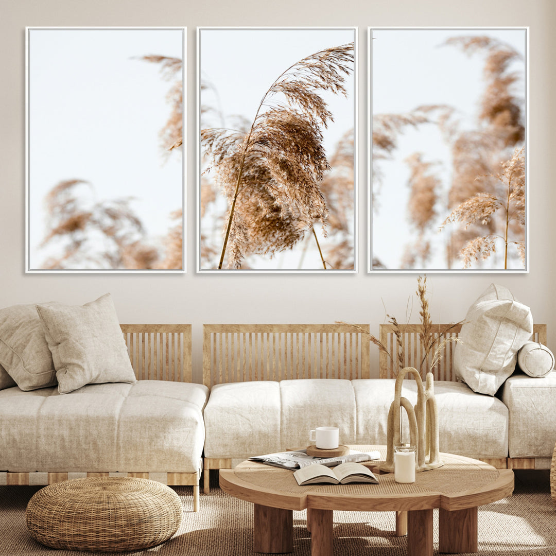 Pampas Grass Wall Art Canvas Print, Framed Neutral Tones Art Picture Print, Minimalist Nature Perfect Boho Decor Artwork