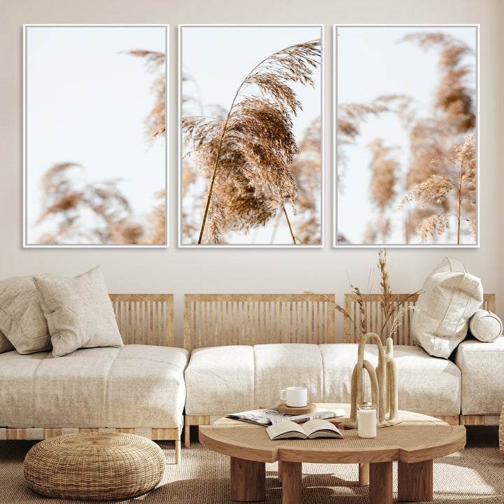 Pampas Grass Wall Art Canvas Print, Framed Neutral Tones Art Picture Print, Minimalist Nature Perfect Boho Decor Artwork