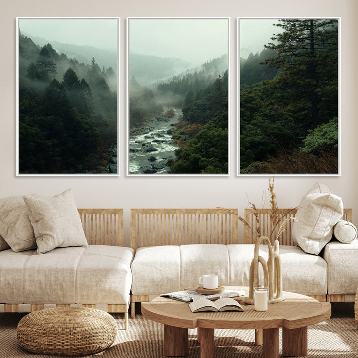 Misty Forest Wall Art Canvas Print, Framed Foggy River Art Picture Print, Moody Landscape Perfect Wilderness Decor Artwork