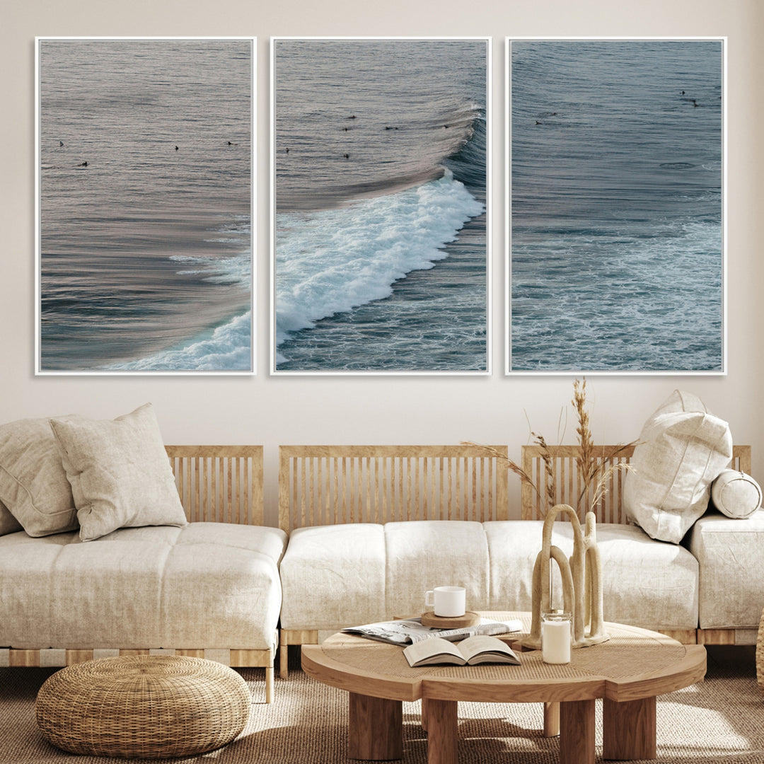 Ocean Waves Wall Art Canvas Print, Framed Coastal Serenity Art Picture Print, Surf Perfect Coastal Decor Artwork