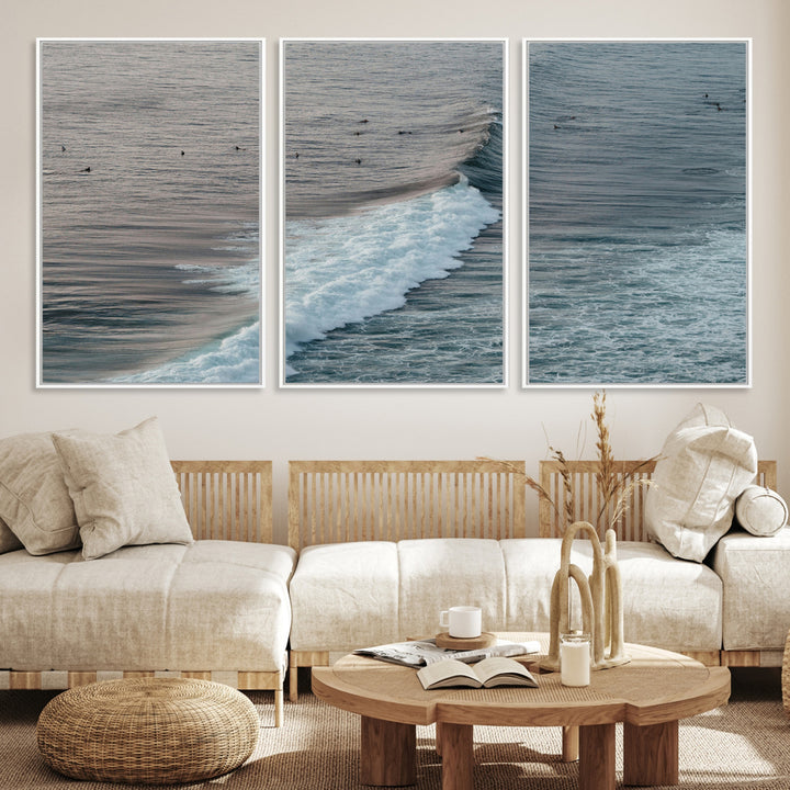 Ocean Waves Wall Art Canvas Print, Framed Coastal Serenity Art Picture Print, Surf Perfect Coastal Decor Artwork