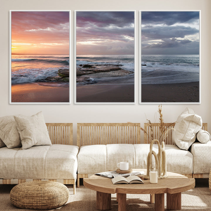 Golden Hour Wall Art Canvas Print, Framed Tranquil Waves Art Picture Print, Beach Perfect Coastal Serenity Decor Artwork