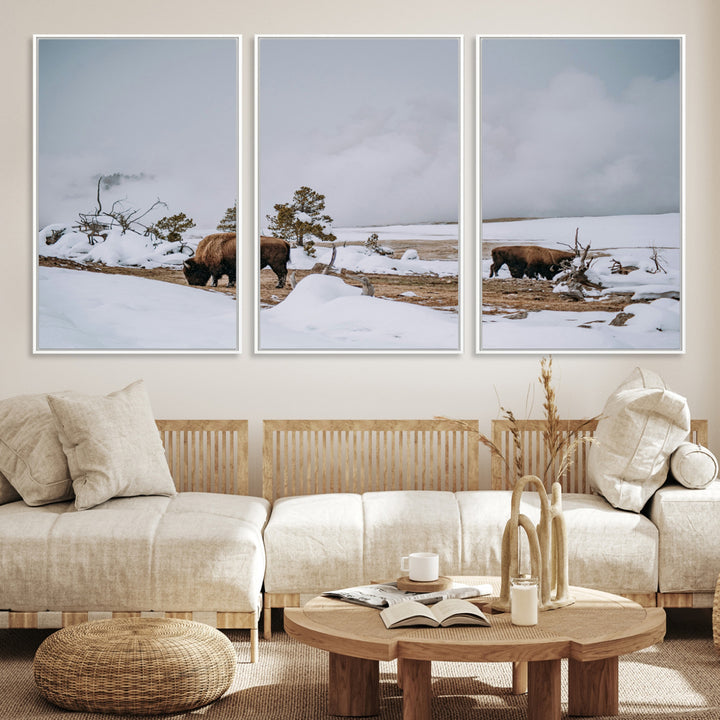Bison Wildlife Wall Art Canvas Print, Framed Snowy Prairie Art Picture Print, Western Perfect Rustic Decor Artwork
