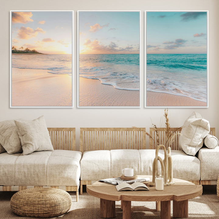Beach Sunset Wall Art Canvas Print, Framed Ocean Waves Art Picture Print, Summer Escape Perfect Coastal Decor Artwork