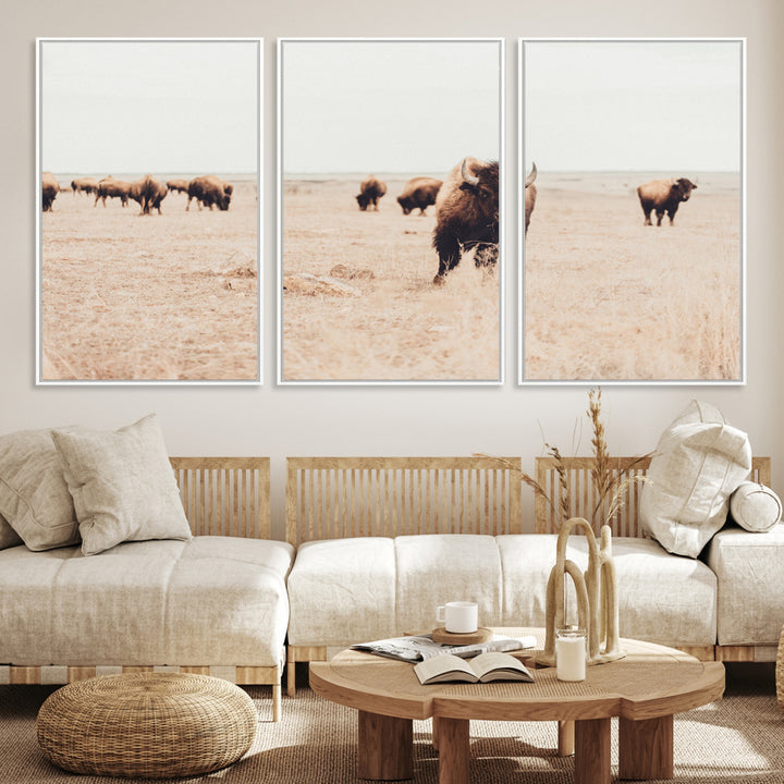 Bison Herd Wall Art Canvas Print, Framed Western Art Picture Print, Prairie Serenity Perfect Ranch Decor Artwork
