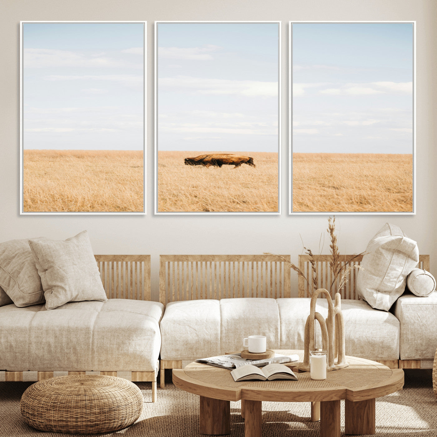 MGV-FC-60X30-3P - Minimalist Nature Wall Art Canvas Print, Framed Bison In Grassland Art Picture Print, Open Field Perfect Modern Ranch Decor Decor Artwork