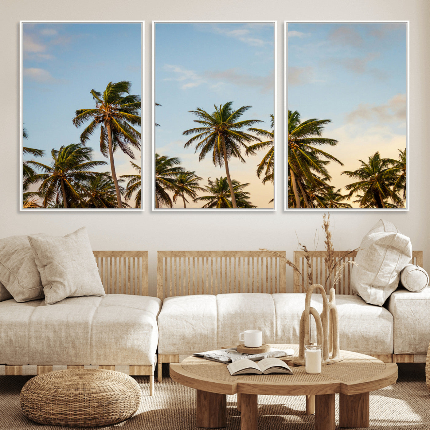 MGV-FC-60X30-3P - Palm Trees Wall Art Canvas Print, Framed Tropical Vibes Art Picture Print, Coastal Sunset Perfect Coastal Boho Decor Artwork