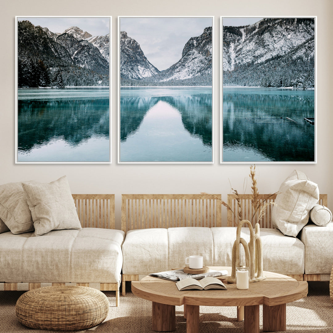 Mountain Lake Wall Art Canvas Print, Framed Wonderland Art Picture Print, Snowy Peaks Perfect Nature Decor Artwork