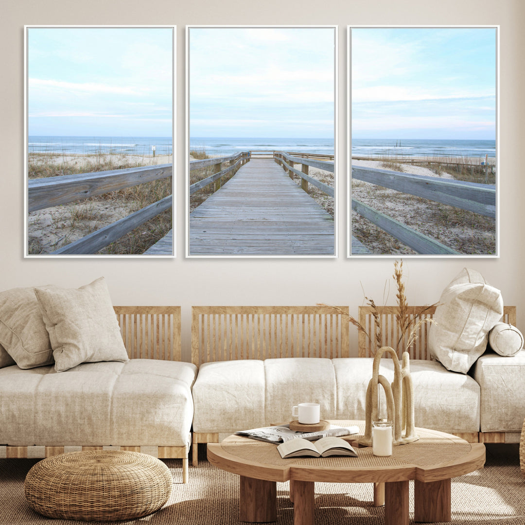 Beach Boardwalk Wall Art Canvas Print, Framed Coastal Serenity Art Picture Print, Ocean View Perfect Coastal Decor Artwork