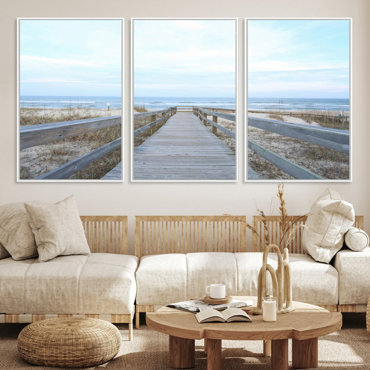 Beach Boardwalk Wall Art Canvas Print, Framed Coastal Serenity Art Picture Print, Ocean View Perfect Coastal Decor Artwork