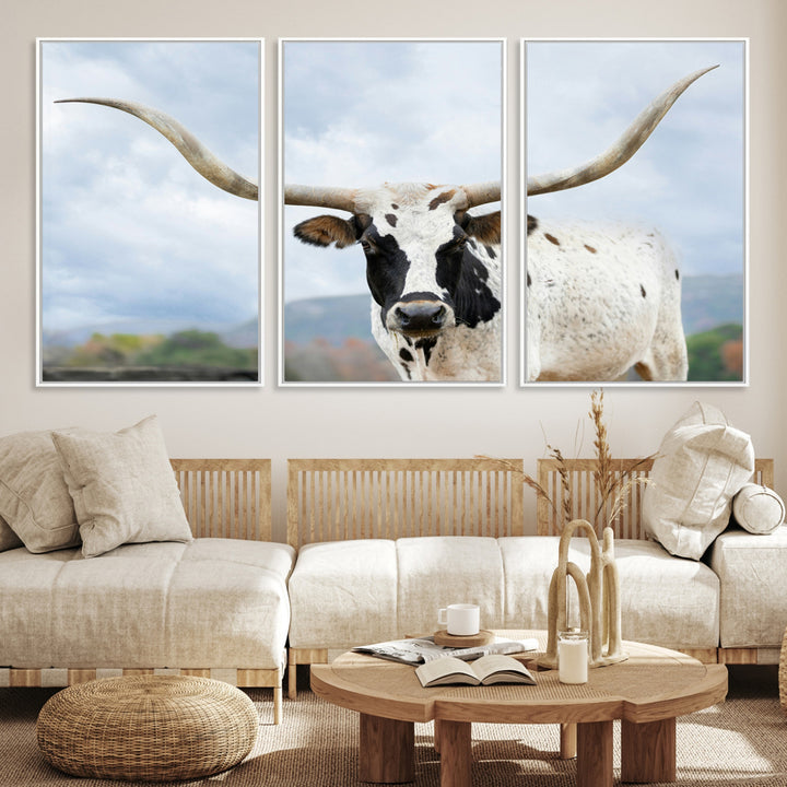 Texas Longhorn Wall Art Canvas Print, Framed Western Rustic Art Picture Print, Farmhouse Decor Perfect Farmhouse Decor Artwork