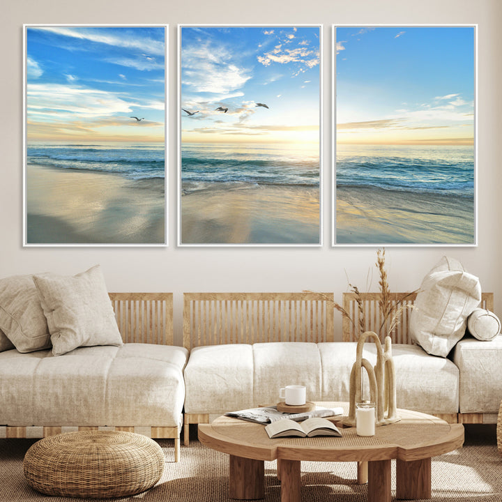 20708696-MGV-CV-36X24-Minimalist Seaside Morning Glow Art Canvas Print, Golden Reflections Perfect Coastal Minimalist Decor Artwork