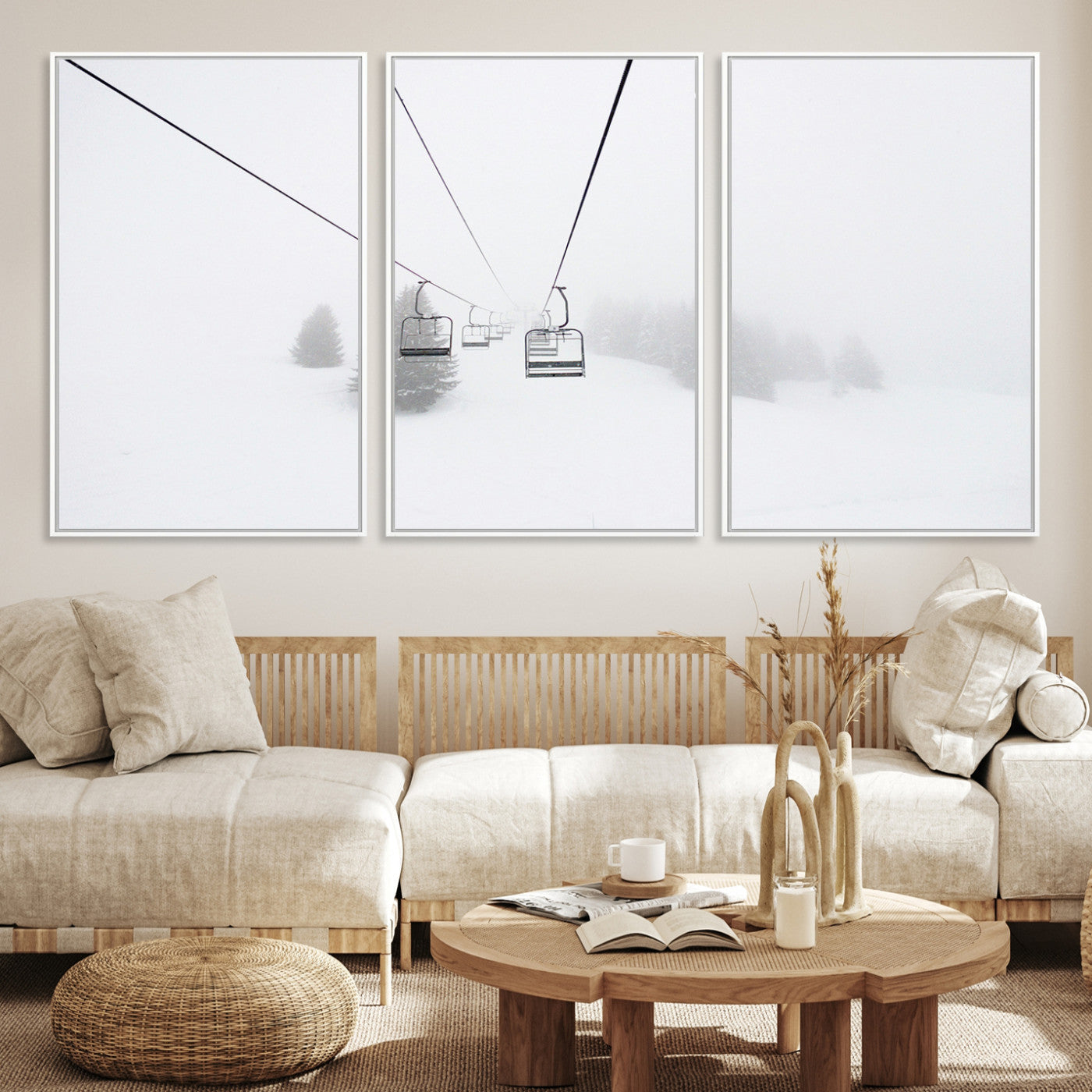 20216390-MGV-CV-36X24-Ski Lift Print Wall Art Canvas, Framed Snowy Landscape Art Picture Print, Alpine Adventure Perfect Nordic Minimalist Decor Artwork