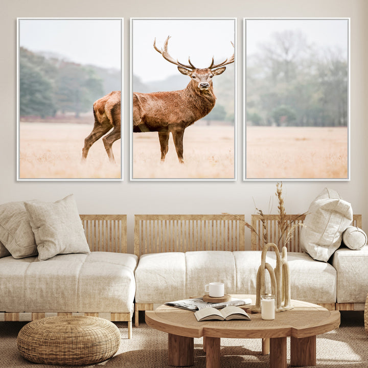 Vintage Wildlife Canvas Print, Framed Misty Landscape Art Picture Print, Deer Wall Art Perfect Rustic Wildlife Decor Artwork