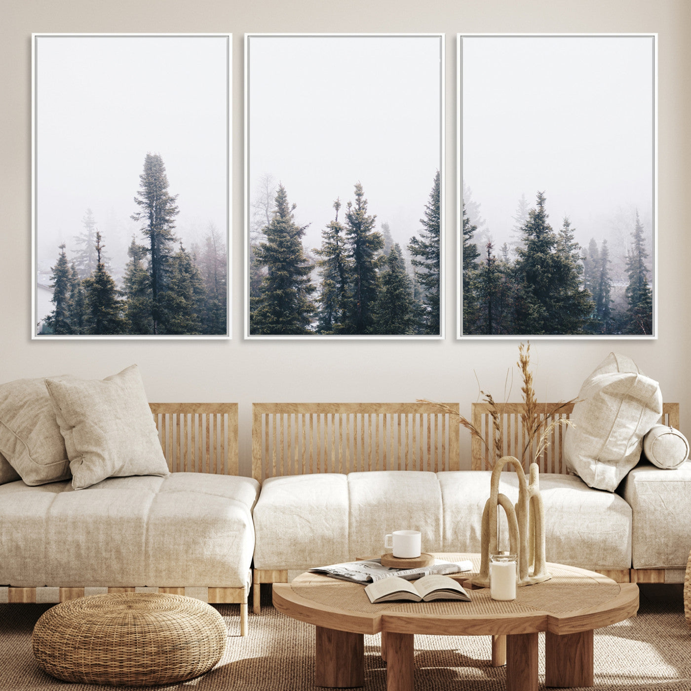 42364796-MGV-CV-36X24-Foggy Forest Wall Art Canvas Print, Framed Misty Pines Art Picture Print, Moody Woodland Perfect Scandinavian Minimalist Decor Artwork