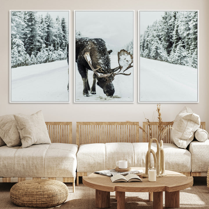 Moose in Snow Wall Art Canvas Print, Framed Winter Wildlife Art Picture Print, Snowy Forest Scene Perfect Rustic Lodge Decor Artwork