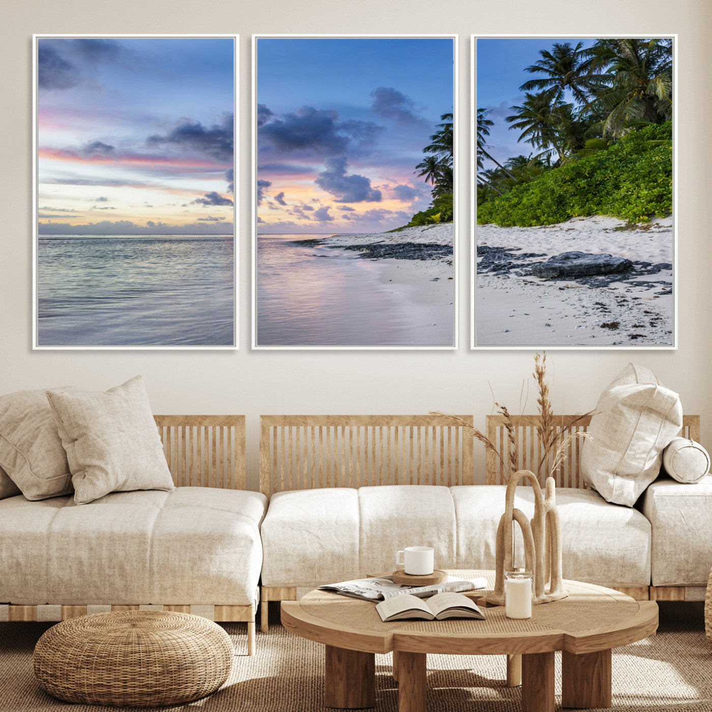 MGV-FC-60X30-3P - Tropical Beach Wall Art Canvas Print, Framed Sunset Glow Art Picture Print, Palm Tree Coast Perfect Tropical Coastal Decor Artwork
