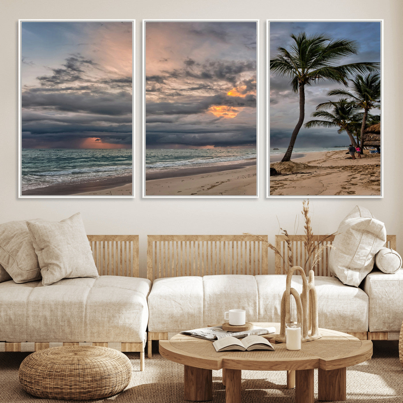 MGV-FC-60X30-3P - Tropical Storm Wall Art Canvas Print, Framed Moody Beach Art Picture Print, Dramatic Sky Perfect Tropical Coastal Decor Artwork