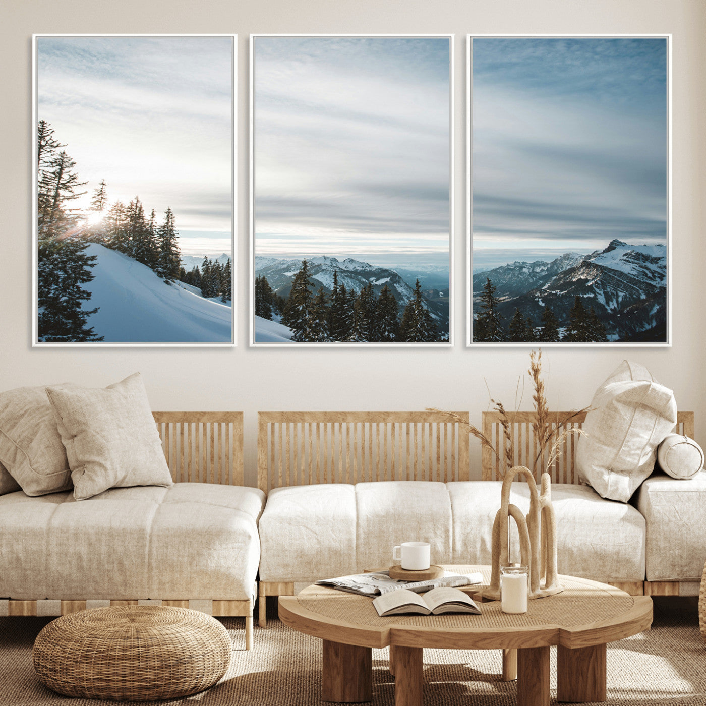 MGV-FC-60X30-3P - Snowy Mountains Wall Art Canvas Print, Framed Alpine Landscape Art Picture Print, Frosty Peaks Perfect Nordic Minimalist Decor Artwork