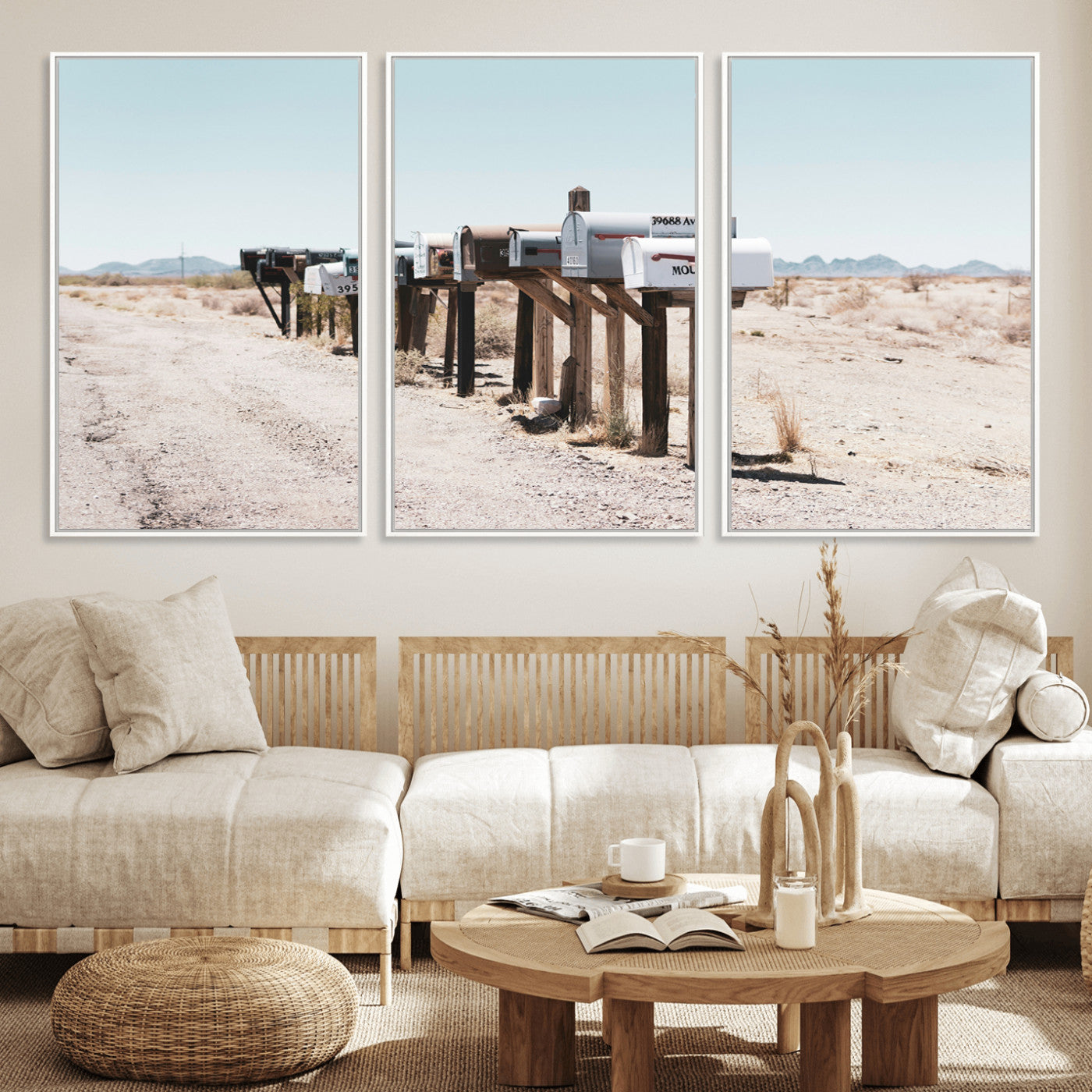 MGV-FC-60X30-3P - Desert Mailboxes Canvas Print – Minimal Western Landscape Photography, Rustic Americana Wall Art for