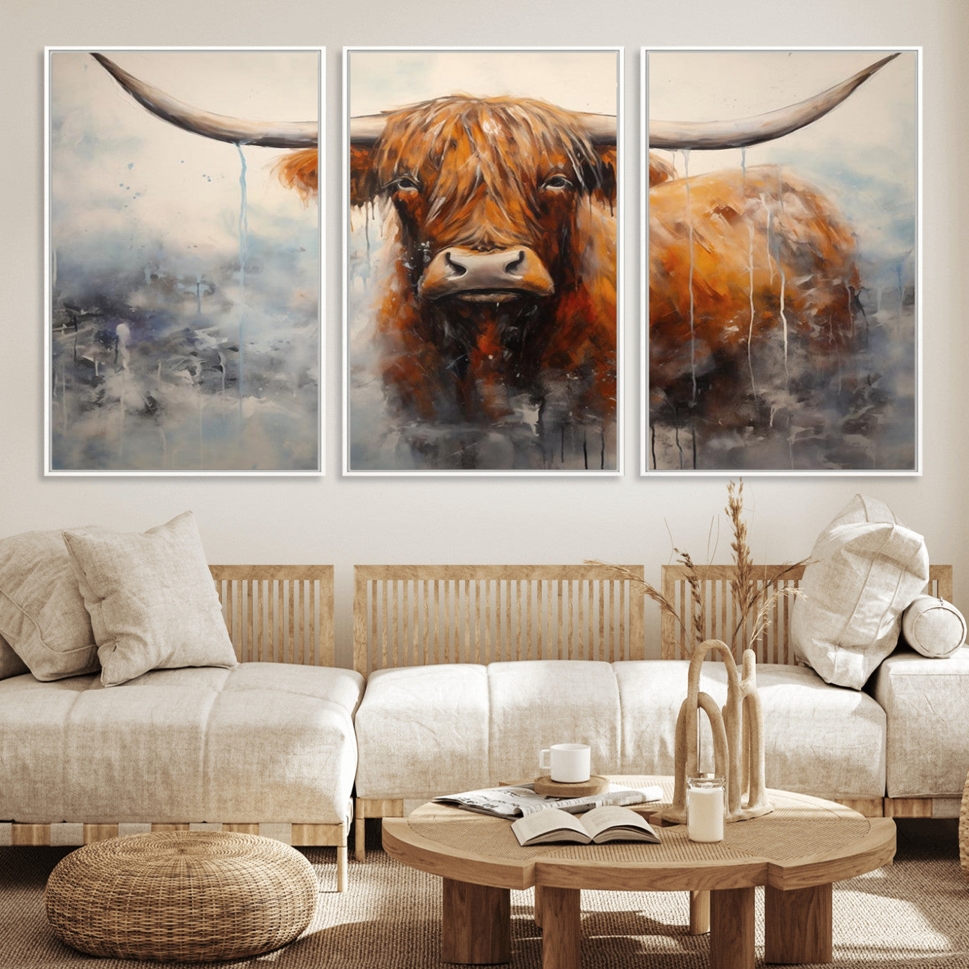 MGV-FC-60X30-3P - Scottish Highland Wall Art Canvas Print, Framed Longhorn Art Picture Print, Western Cow Perfect Farmhouse Decor Artwork