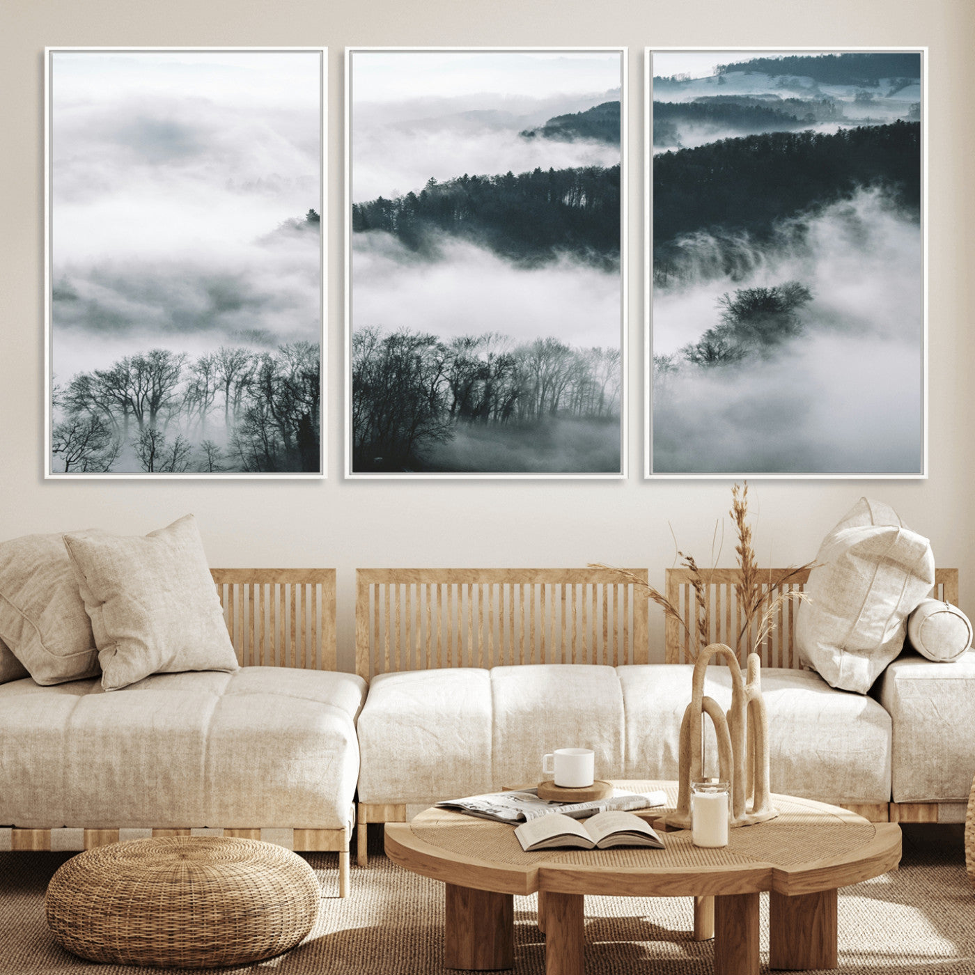 67569654-MGV-CV-36X24-Foggy Forest Landscape Wall Art Canvas Print – Misty Mountain Valley Scene in Monochrome Tones, Perfect for Minimalist or Nordic Home Decor
