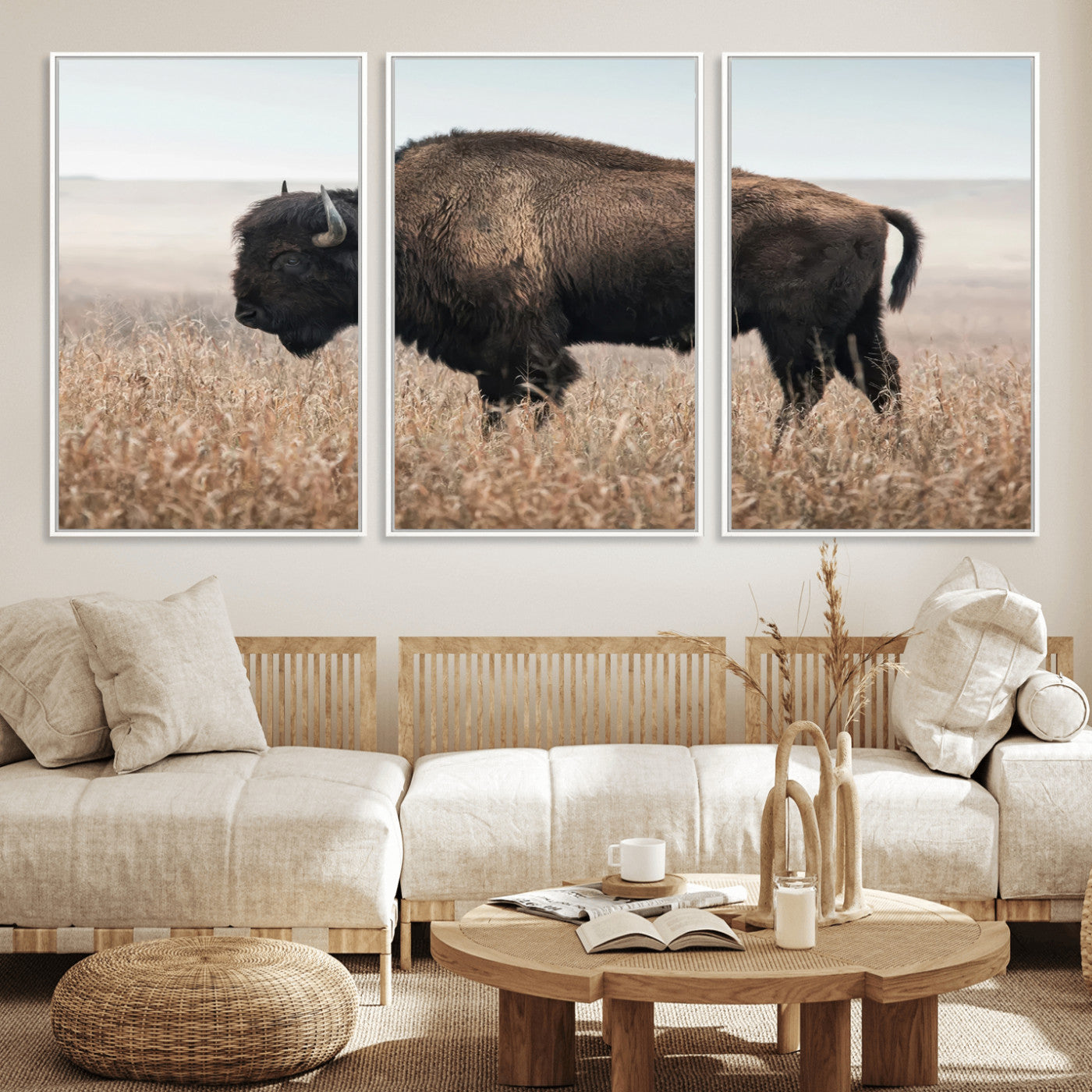 MGV-FC-60X30-3P - American Bison in Field  Wall Art Canvas Print – Powerful Winter Wildlife Scene with Buffalo in