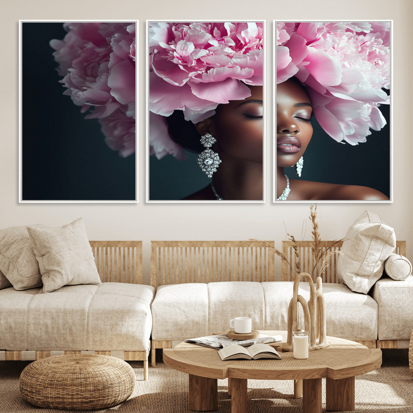 MGV-FC-60X30-3P - Black Beauty Petal Crown Wall Art Print Floral Petal Headpiece, Petal-Inspired Art, Floral Crown