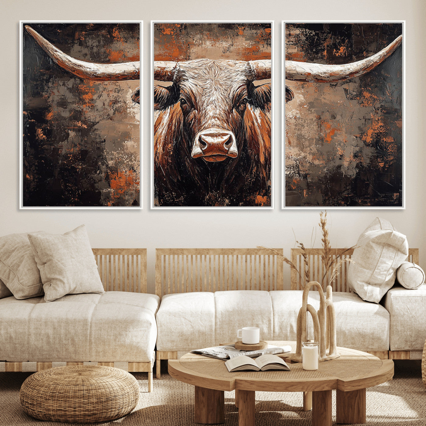 42732393-MGV-CV-36X24-Rustic Longhorn Bull Wall Art Canvas Print – Vintage Western Cattle Painting, Texas Steer Artwork for Ranch, Farmhouse or Cowboy Decor