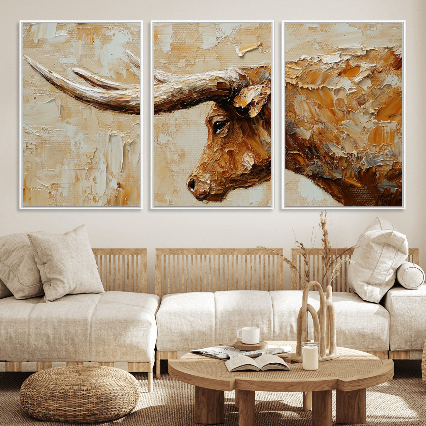 69611428-MGV-CV-36X24-Rustic Longhorn Bull Wall Art Canvas Print – Vintage Western Cattle Painting, Texas Steer Artwork for Ranch, Farmhouse or Cowboy Decor