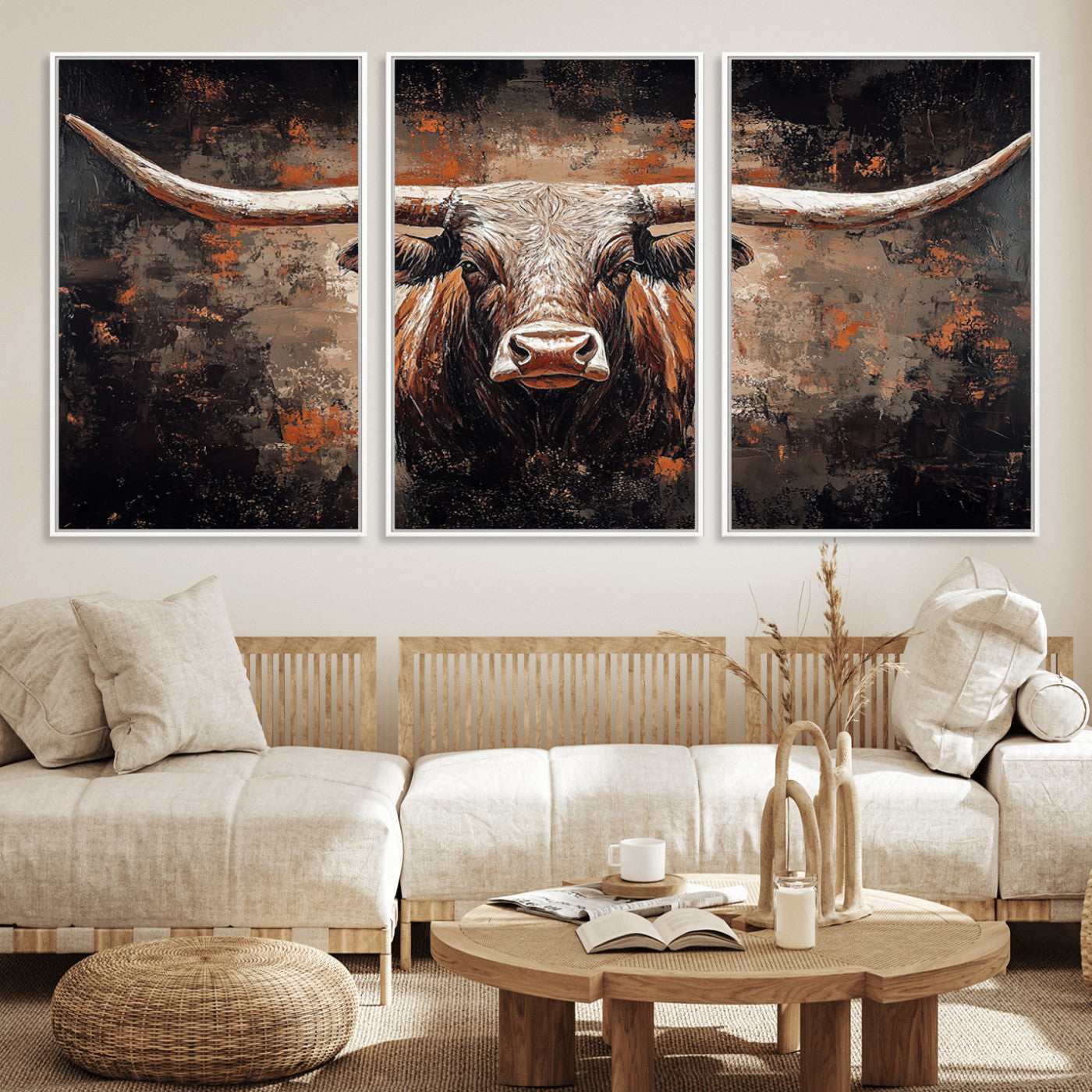 24779067-MGV-CV-36X24-Rustic Longhorn Bull Wall Art Canvas Print – Vintage Western Cattle Painting, Texas Steer Artwork for Ranch, Farmhouse or Cowboy Decor