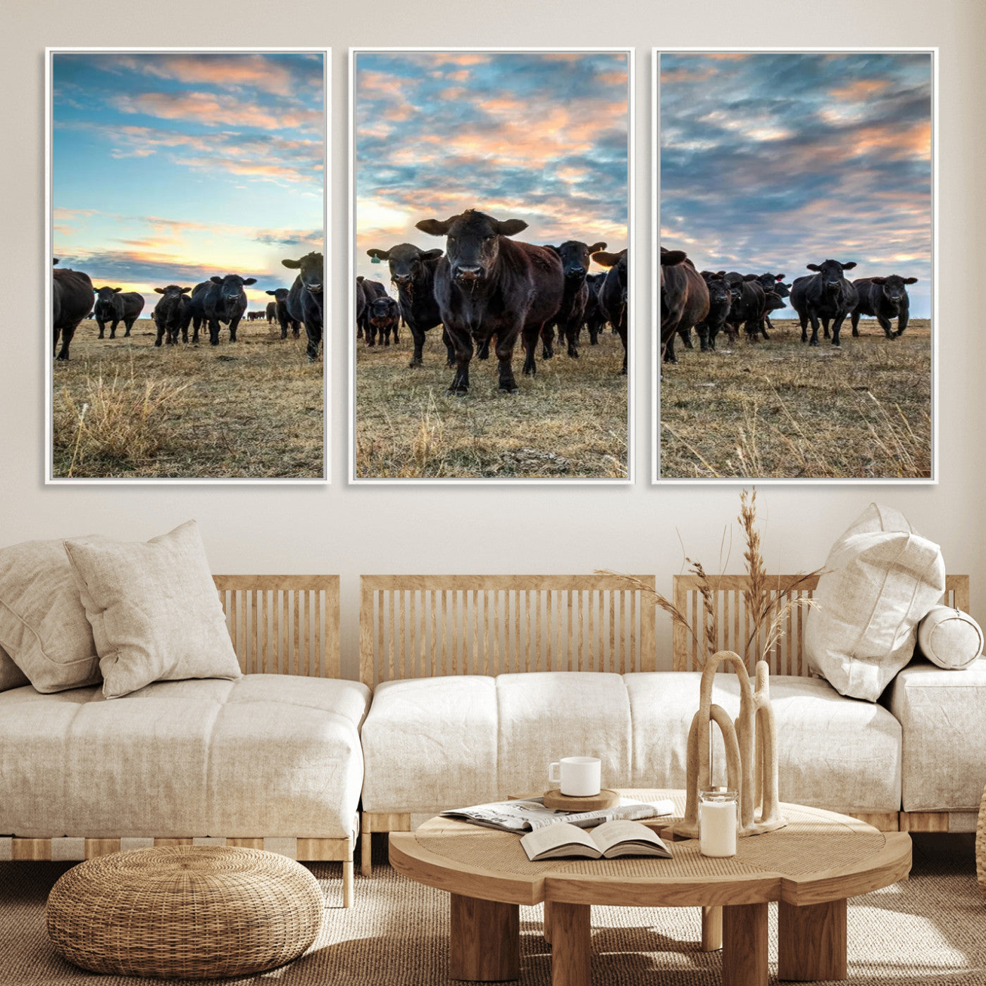 MGV-FC-60X30-3P - Texas Longhorn Cattle Wall Art Canvas Print – Rustic Western Ranch Scene with Steers at Sunset,