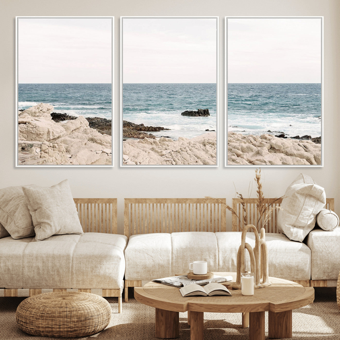 25481980-MGV-CV-36X24-Coastal Ocean View Wall Art Canvas Print – Serene Rocky Shoreline and Blue Sea Photography for Coastal Chic or Minimalist Home Decor