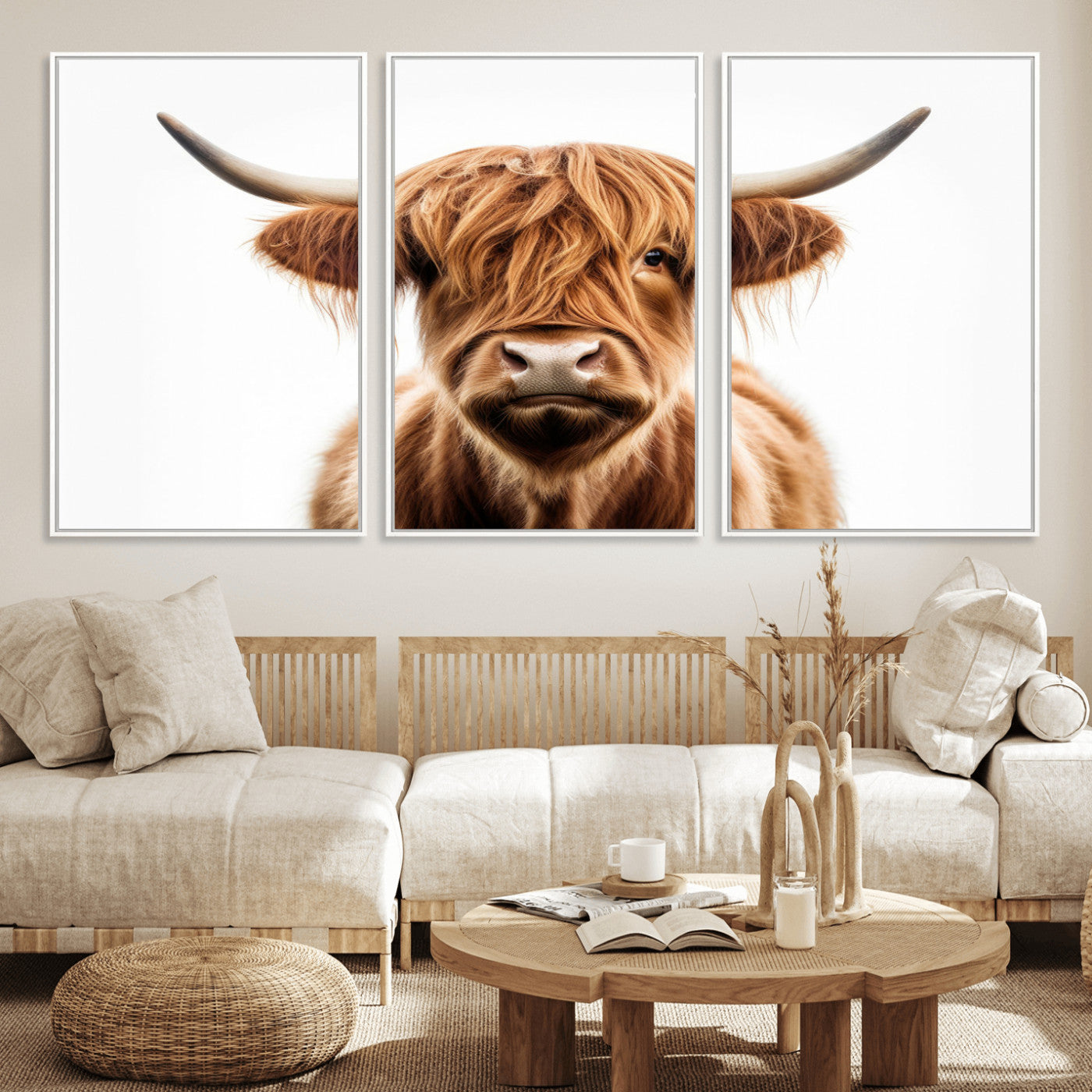 637908607-MGV-FC-60X30-3P_White-Scottish Highland Cow Canvas Print, Framed Highland Cow Canvas Home Decor