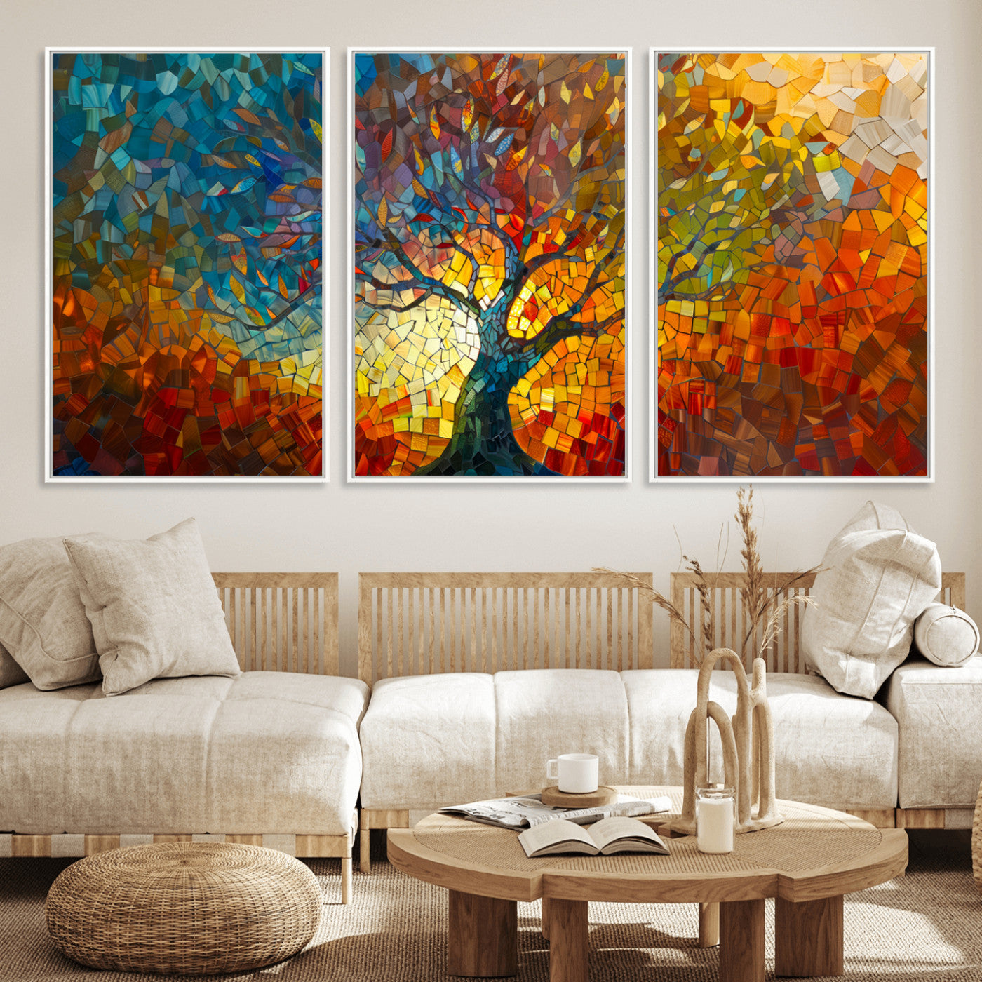 MGV-FC-60X30-3P - Yggdrasil Tree of Life Mosaic Stained Glass Wall Art Canvas, Yggdrasil Tree of Life Mosaic Canvas