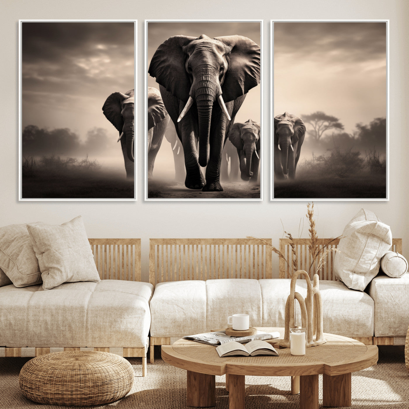 MGV-FC-60X30-3P - Elephant Family Wall Art Canvas Print, Framed Elephant Wall Art Home Decor