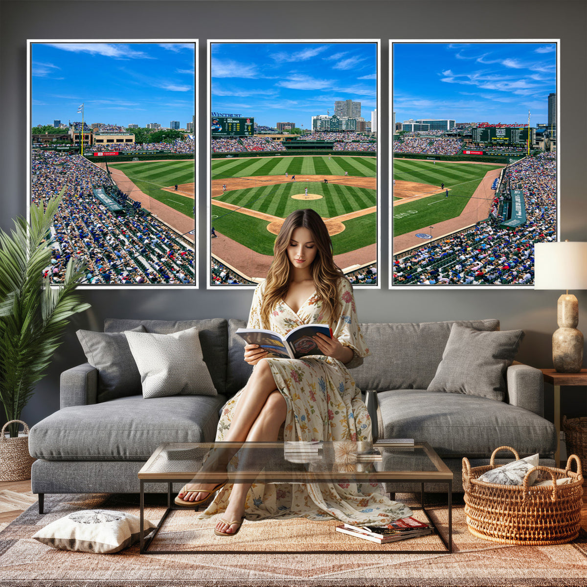 35800083-MGV-CV-36X24 - Wrigley Field Baseball Stadium Canvas Wall Art, Packed Crowd and Chicago Skyline