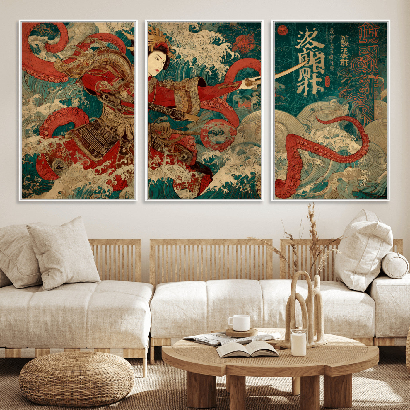 MGV-FC-60X30-3P - Tsukioka Yoshitoshi Samurai Wall Art Print, Japanese Katana Warrior Canvas Wall Art, Octopus Sea Monster Canvas Print,