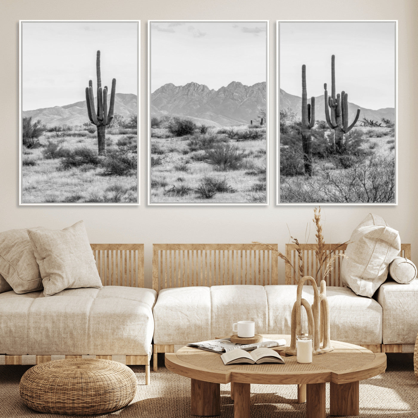 MGV-FC-60X30-3P - Black White Arizona Desert Canvas Wall Art Cactus Farmhouse Wall Art
