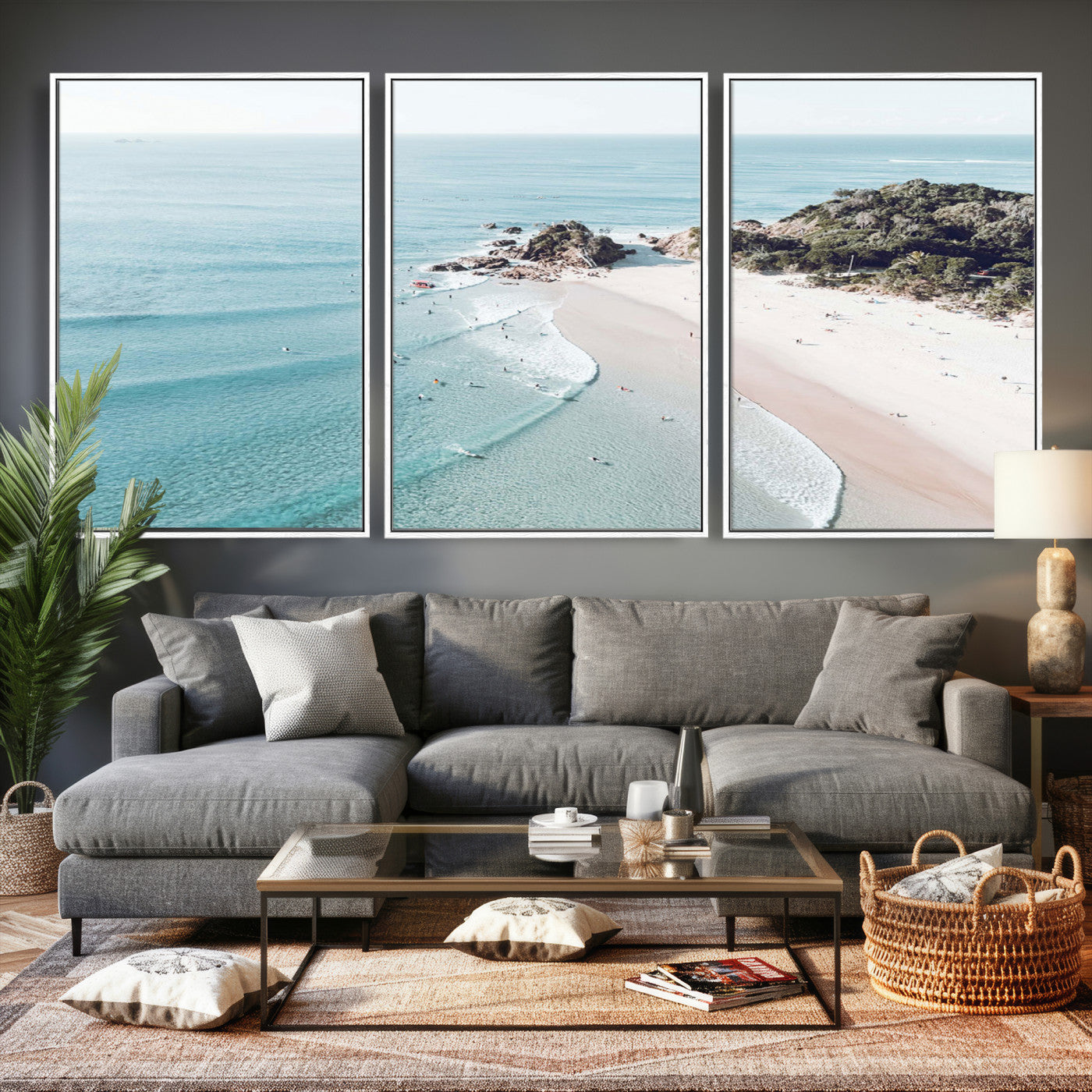 79395467-MGV-CV-36X24 - Aerial Beach Wall Art Canvas Print, Coastal Ocean Waves and Surfers Scenic Seaside Artwork for Home, Office Decor